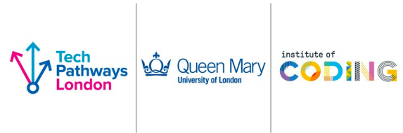 Logo for TechPathways London, Queen Mary University of London and Instiute of Coding