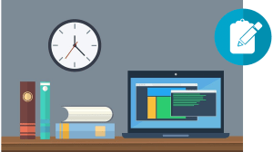 A graphic cartoon showing a desk with a computer and books to which I've added a clipboard icon to represent a survey