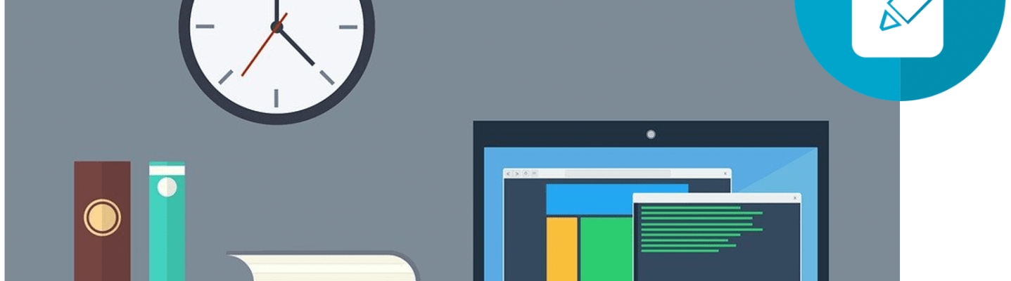 A graphic cartoon showing a desk with a computer and books to which I've added a clipboard icon to represent a survey