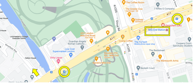 Annotated Google map of Mile End sttaion and Mile End Road highlighting bus stops