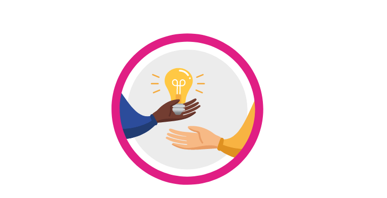 Icon for the Isaac Discovery event showing a graphic of a hand belonging to a Black person passing a lightbulb to another hand which belongs to a White person.