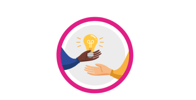 Icon for the Isaac Discovery event showing a graphic of a hand belonging to a Black person passing a lightbulb to another hand which belongs to a White person. 