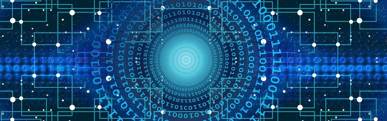 Blue cartoon illustration depicting a web network to denote computer programming and communication.