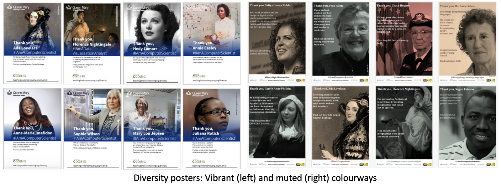 Screenshot showing the vibrant blue posters on the left and the muted sepia-toned posters on the right