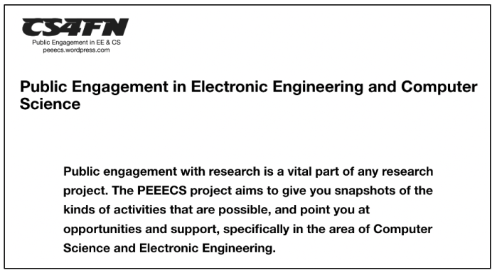 Screenshot of the PEEECS site front page which introduces public engagement as a vital part of any research project and points the reader to opportunities and support.