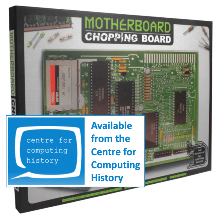 A photograph of a chopping board made from a motherboard with an overlay of the Centre for Computing History's logo.