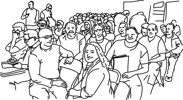 A line drawing of an audience whose members are looking at the 'camera'.