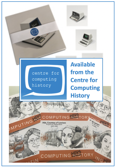 Photographs of postcards from the Centre for Computing History featuring Icons of Beige and Computing HerStory