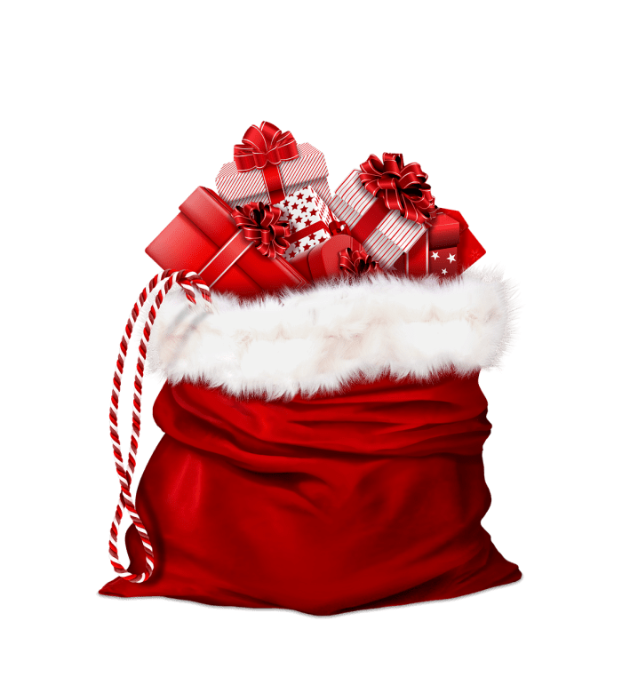 A large red sack full of Christmas presents