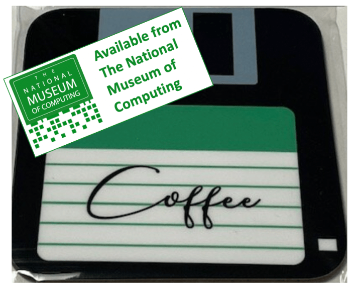 A floppy disk-styled coaster with 'Coffee' written on it, from The National Museum of Computing