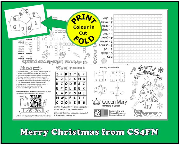 Display to showcase the CS4FN Christmas zine with a green panel