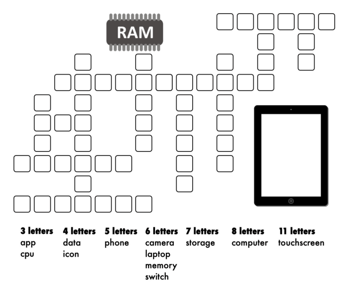 A kriss-kross puzzle with blank spaces for computing-themed words to go in