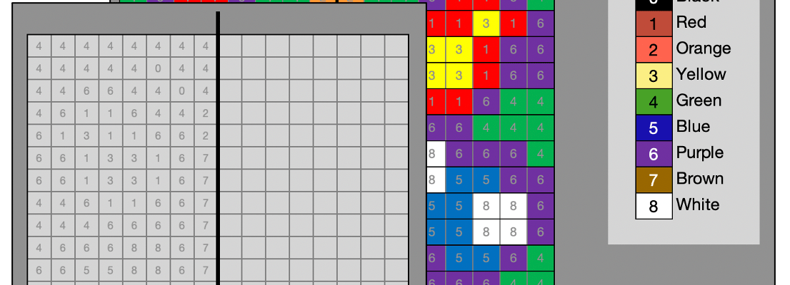 Two grids, one overlaid. The top is the raw puzzle instructions with half the grid having numbers with each number representing a colour. The second half is blank and needs to be filled in by transferring the number or colour there using mirror symmetry. Hiding behind that is the full colour version, partially shown so as not to give the whole answer away.