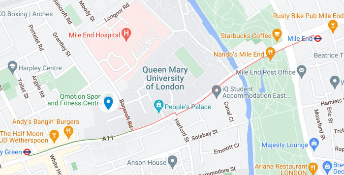 Screenshot of Google Map with Venue 2 marked with a blue dot and walking or bus routes in green or red from Stepney Green and Mile End stations, respectively.