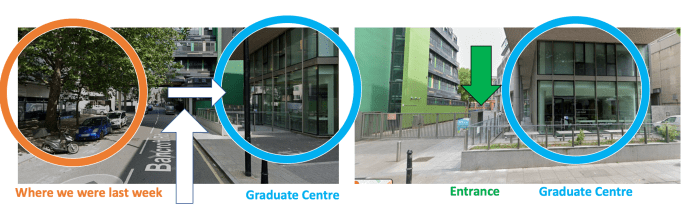 Photos showing how to reach the Graduate Centre on Bancroft Road, with arrows.