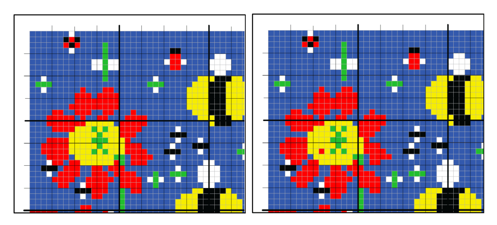 Two bitmap images of bees and flowers with fish on, one with differences