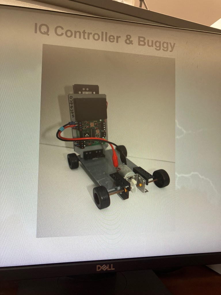 A photograph of the controller and buggy set up and ready to go - just needs a battery added.