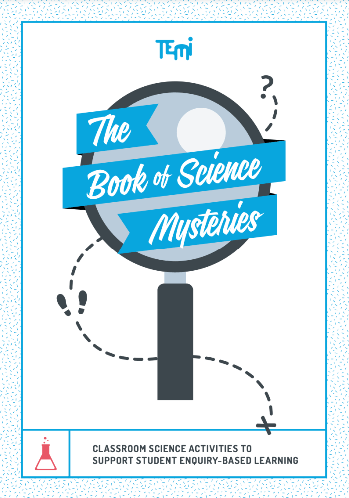 Cover of TEMI Book of Science Mysteries. A magnifying glass looking at footprints.