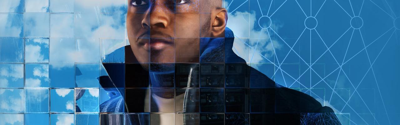 A photographic rendering of a young black man standing in front of a cloudy blue sky, seen through a refractive glass grid and overlaid with a diagram of a neural network.