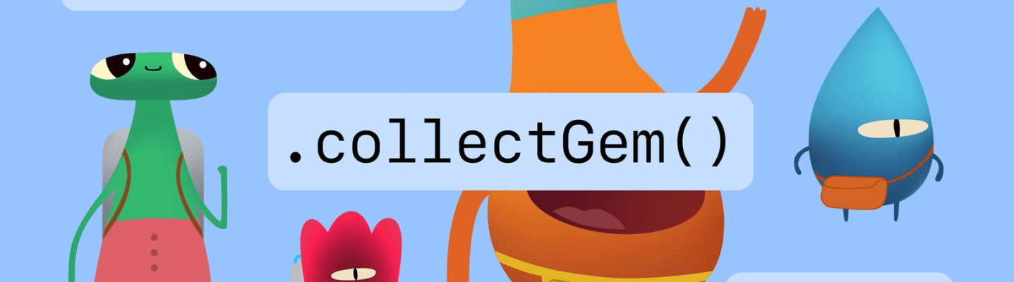 A colourful series of 4 cartoon character aliens with coded instructions such as 'turn left' or 'collect gem' hovering next to them.