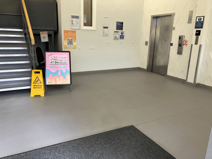 Peter Landin Teaching Rooms foyer showing lift and stairs. Entrance is card access (out of hours) and is on Bancroft Road, off Mile End Road.