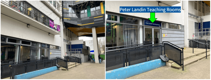 Composite of two photos, wider angle shot and close up of the entrance to the Peter Landin Teaching Rooms on Bancroft Road, off Mile End Road.