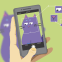 An illustration showing a hand holding a smartphone with its camera app open, capturing an image of a cartoon purple cat. The camera screen displays the cat framed with a square outline, and several facial features—such as the eyes, ears, and nose—are highlighted with smaller boxes and connected by thin lines, illustrating an AI recognition process. The cat is slightly blurred in the background outside the phone screen, emphasising the focus on the camera's view.