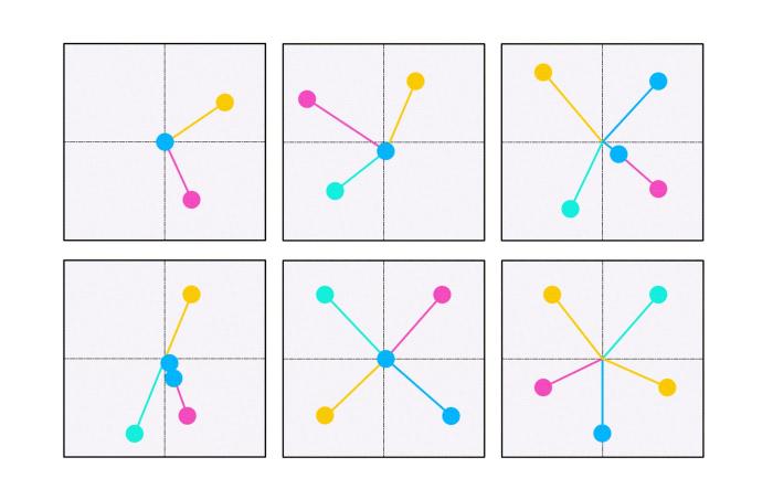 There are 6 different arrangements of lines with circles. In each image, there are 4/5 lines in different colours: yellow, blue, pink, and turquoise. The middle circle is blue, and the other lines stick out at different angles surrounding the circle.