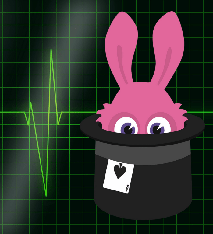 A pink rabbit in a black top hat with an ace of spades card poking out from the hatband next to a glowing green electrocardiogram trace on a black background.