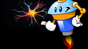 A friendly cartoon robot supported by a rocket flame flies next to a colourful neuron and gestures towards it.