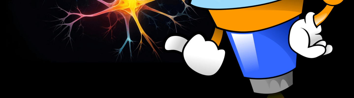 A friendly cartoon robot supported by a rocket flame flies next to a colourful neuron and gestures towards it.